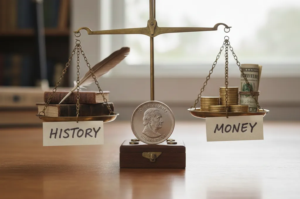 Collector placing a John Adams dollar coin into a safe labeled “investment”
