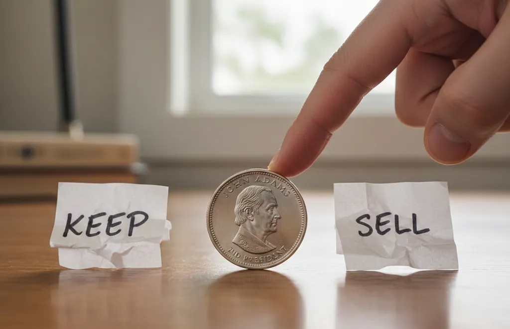 Person deciding to sell a John Adams dollar coin, coin on table between “keep” and “sell” notes,