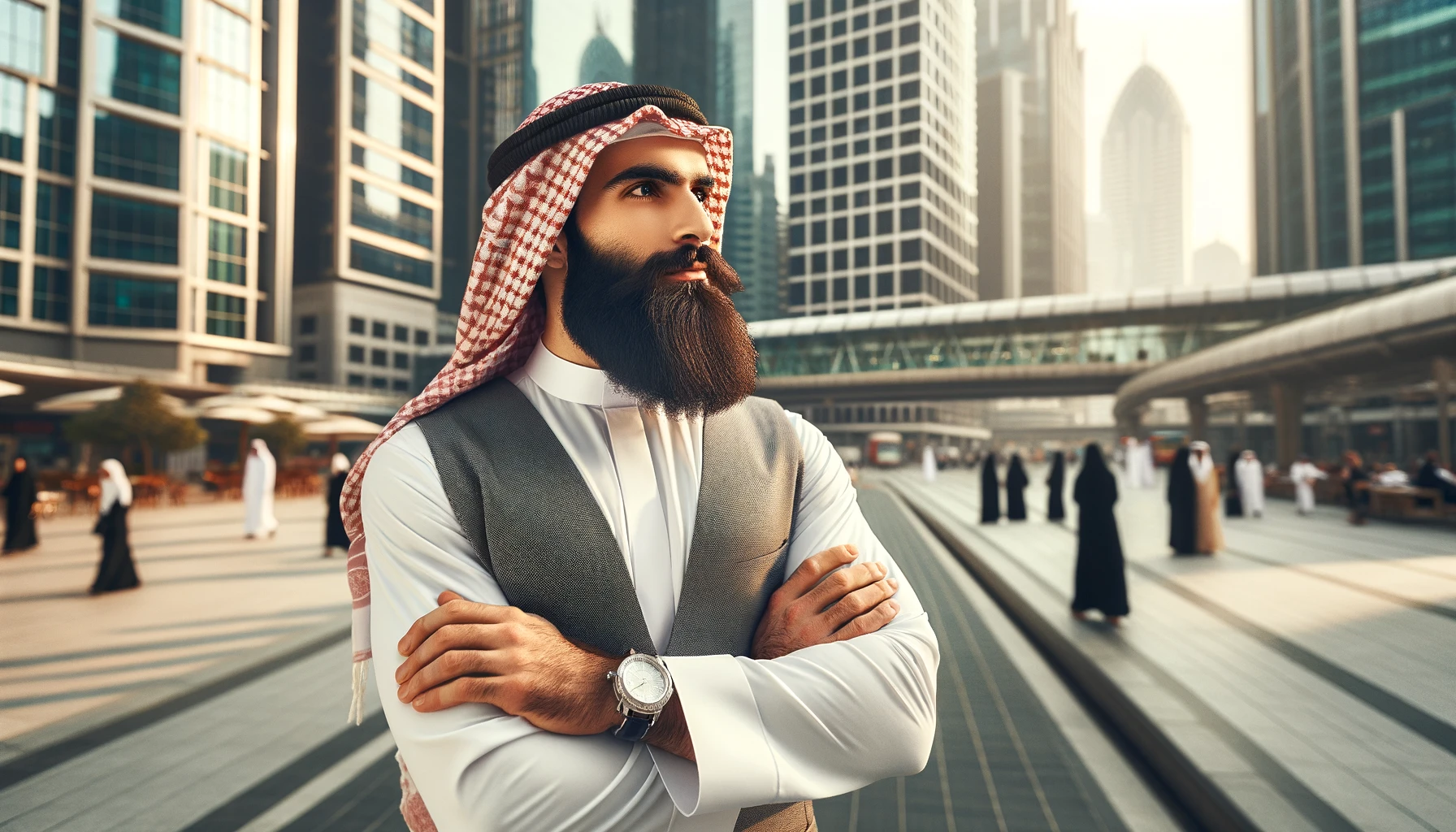 A bearded Arab businessman wearing a kandora, with his arms crossed, standing on a pavement, looking into the distance in a city centre