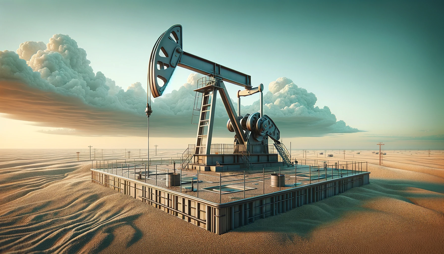 pumpjack in the oil well of an oil field, set against a vast, open landscape