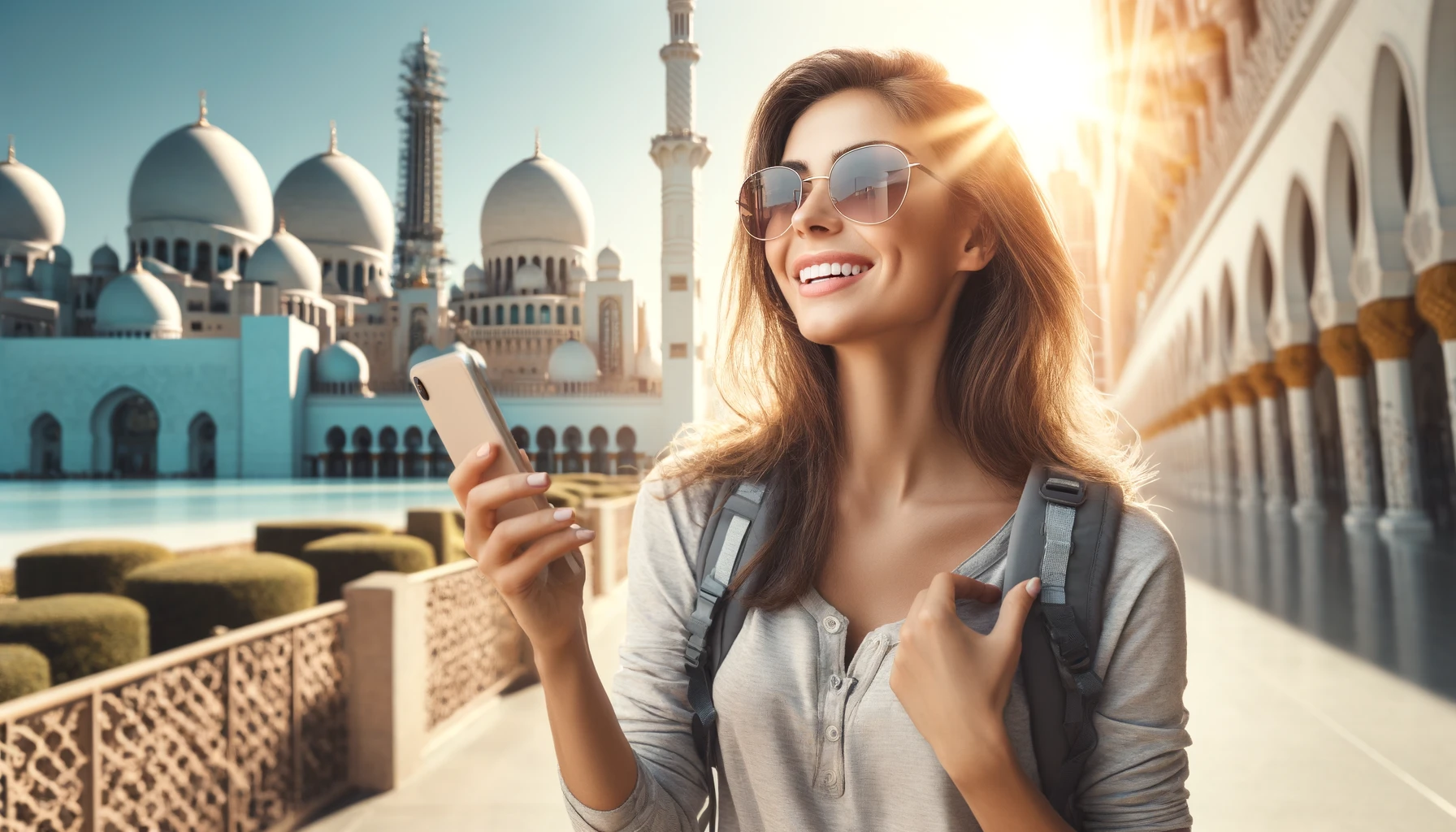 a smiling tourist woman in the UAE using her phone. She is dressed casually, with a light backpack and sunglasses. The setting is sunlit, showcasing the vibrant architecture and clear skies of the UAE.