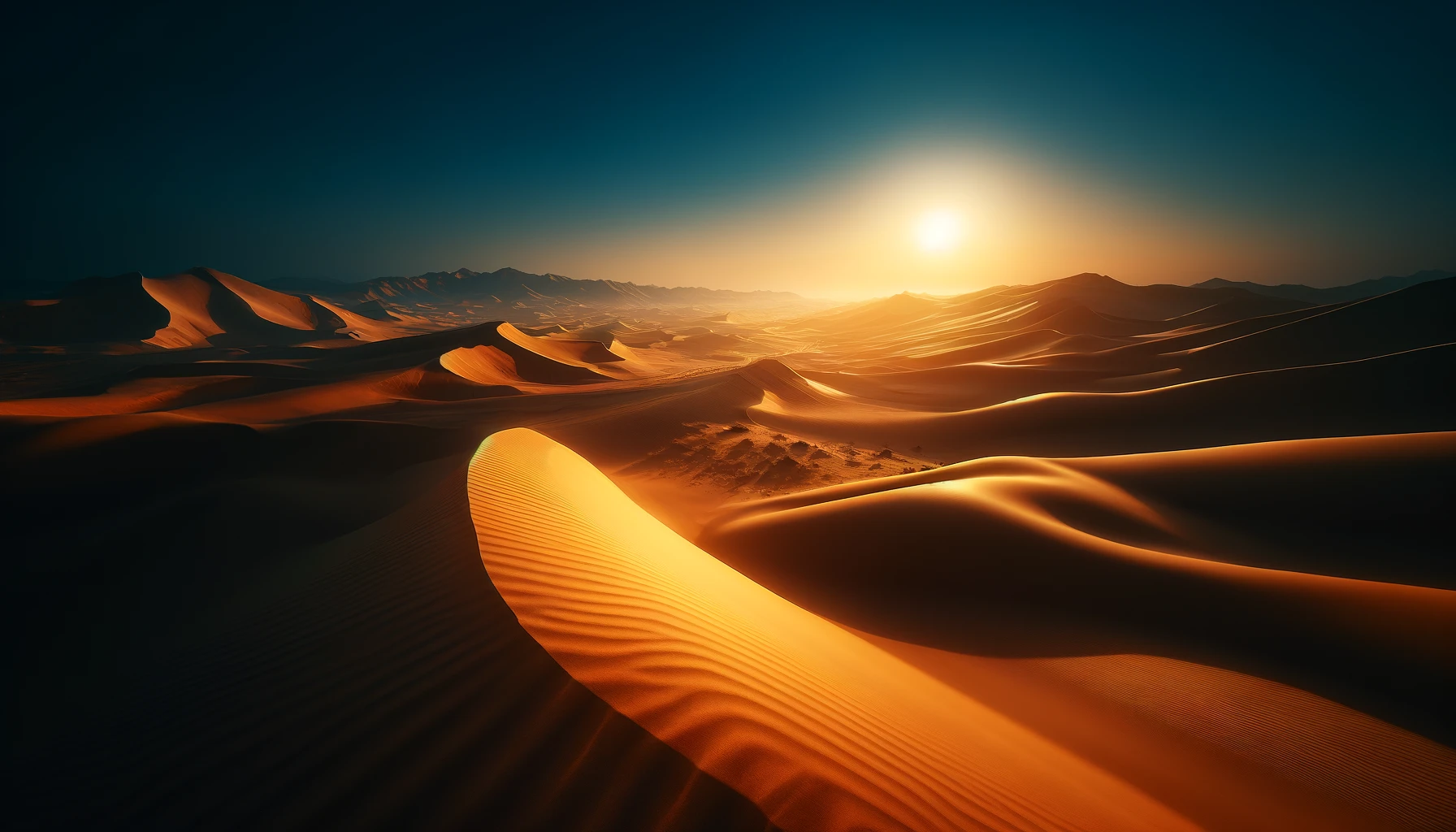 the desert landscape near Dubai. The scene includes golden sand dunes under a clear blue sky, with the desert extending into the horizon. 