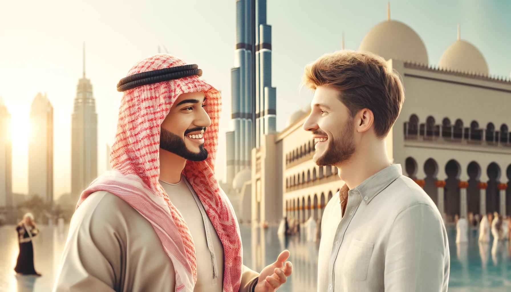 a smiling Saudi Arabian man talking to a male tourist in the UAE. They are standing in front of the Burj Khalifa.