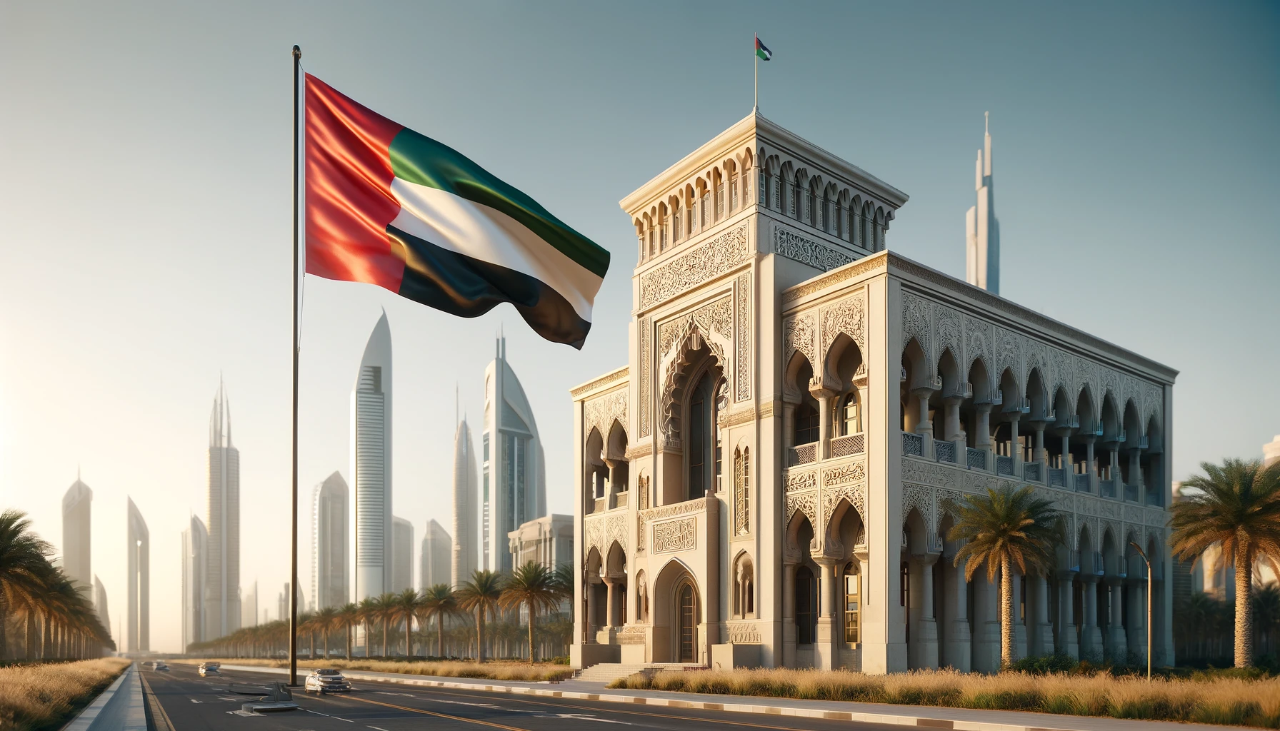 a UAE flag flying next to a government building with traditional Arabian architectural features, such as arches and decorative patterns. 