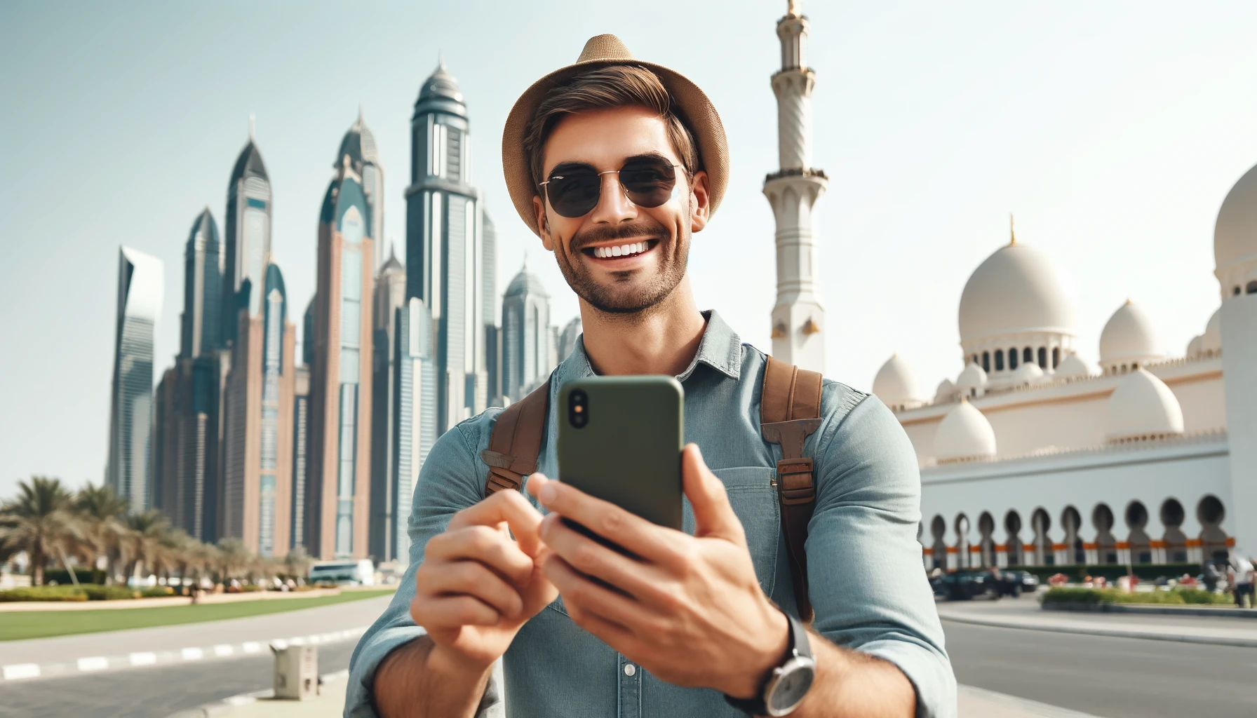  A smiling male tourist in the UAE holding a phone in his hands. He is standing near a famous UAE landmark - the Burj Khalifa.