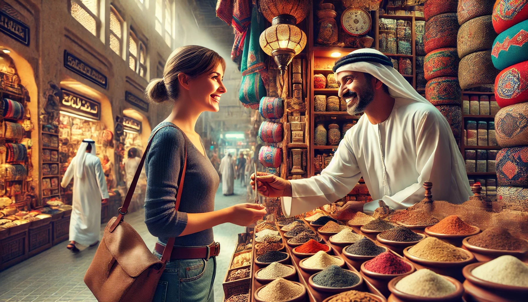 a female tourist purchasing items in a local UAE shop. She is dressed casually, is smiling and engaging with a local vendor. The shop is filled with spices, textiles, and souvenirs.