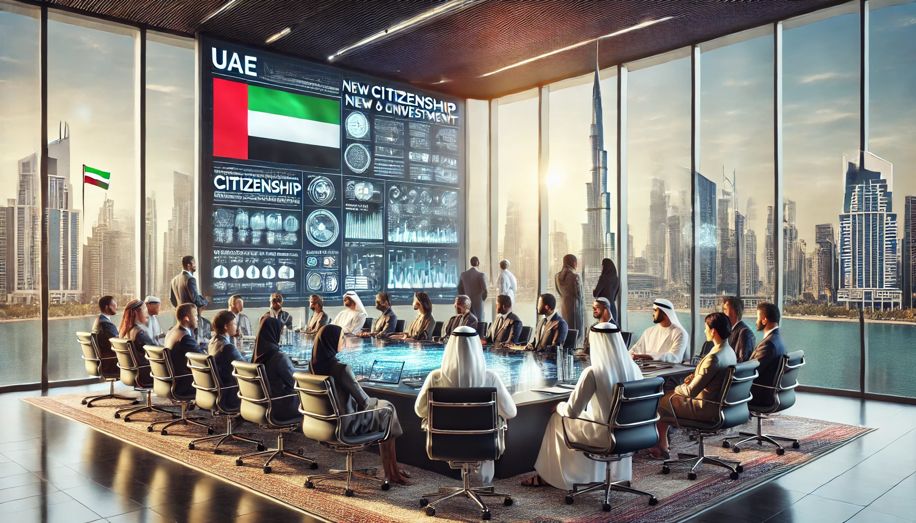 a diverse group of international investors and professionals in a modern conference room with a view of the UAE skyline through large windows.