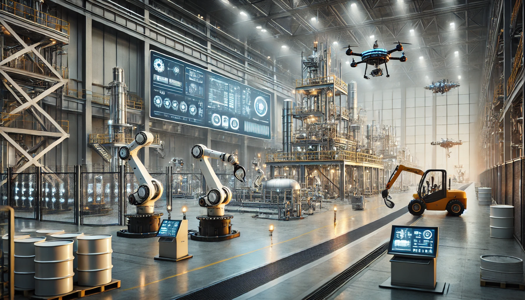 a high-tech oil and gas facility with robotic machinery and automation in operation.