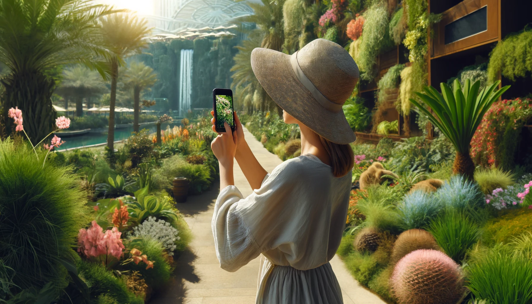a woman in light, sun-protective clothing, using her smartphone to photograph lush greenery in a botanical garden in the UAE.