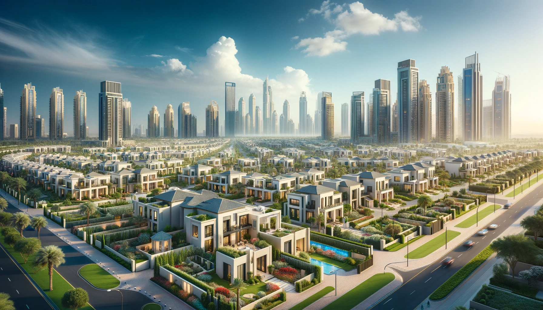 a luxurious residential area in Dubai, featuring modern villas and high-rise apartments with lush landscaping and clear blue skies.