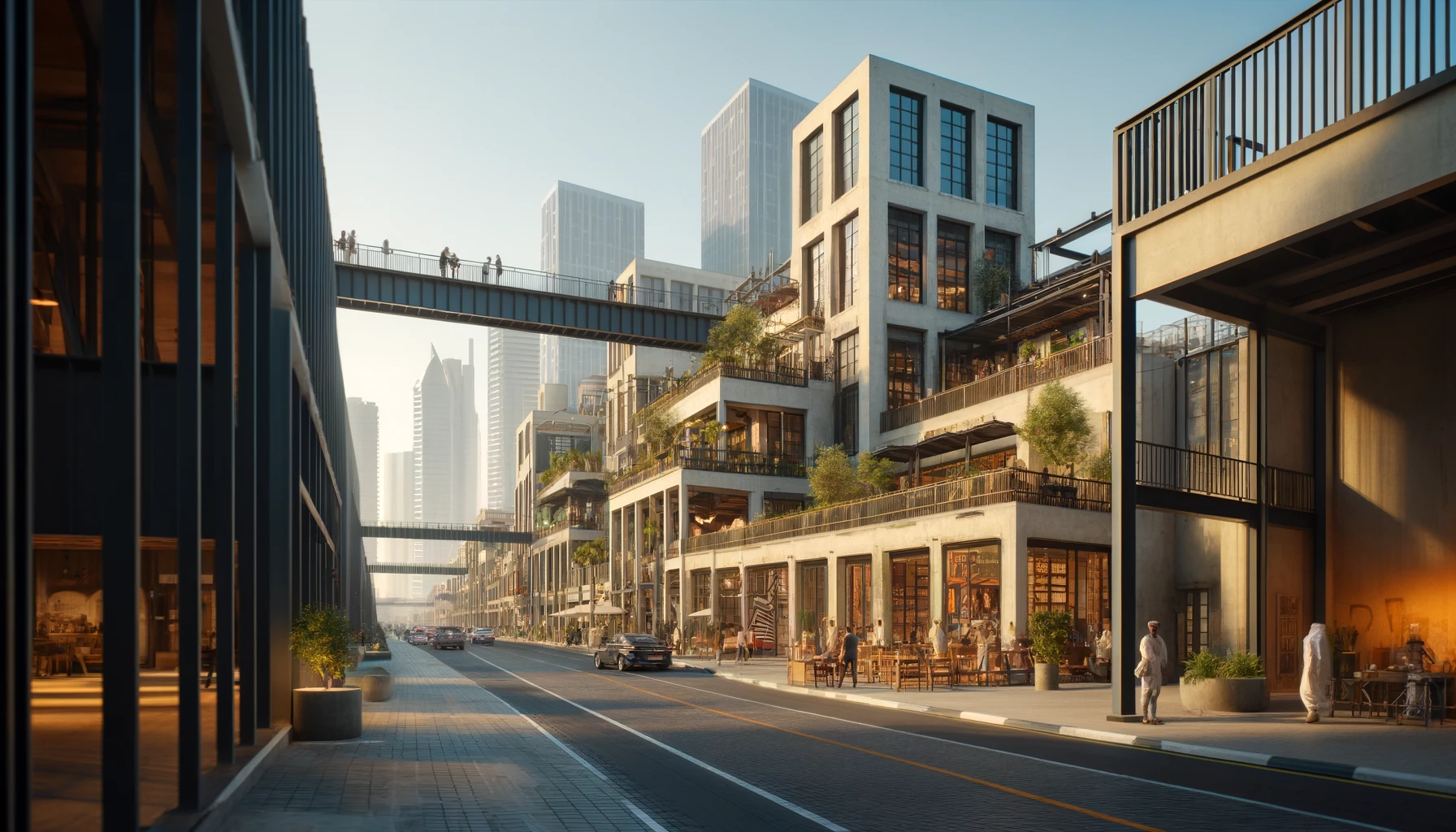 the Alserkal Avenue in Dubai, featuring contemporary art galleries and industrial-style architecture.