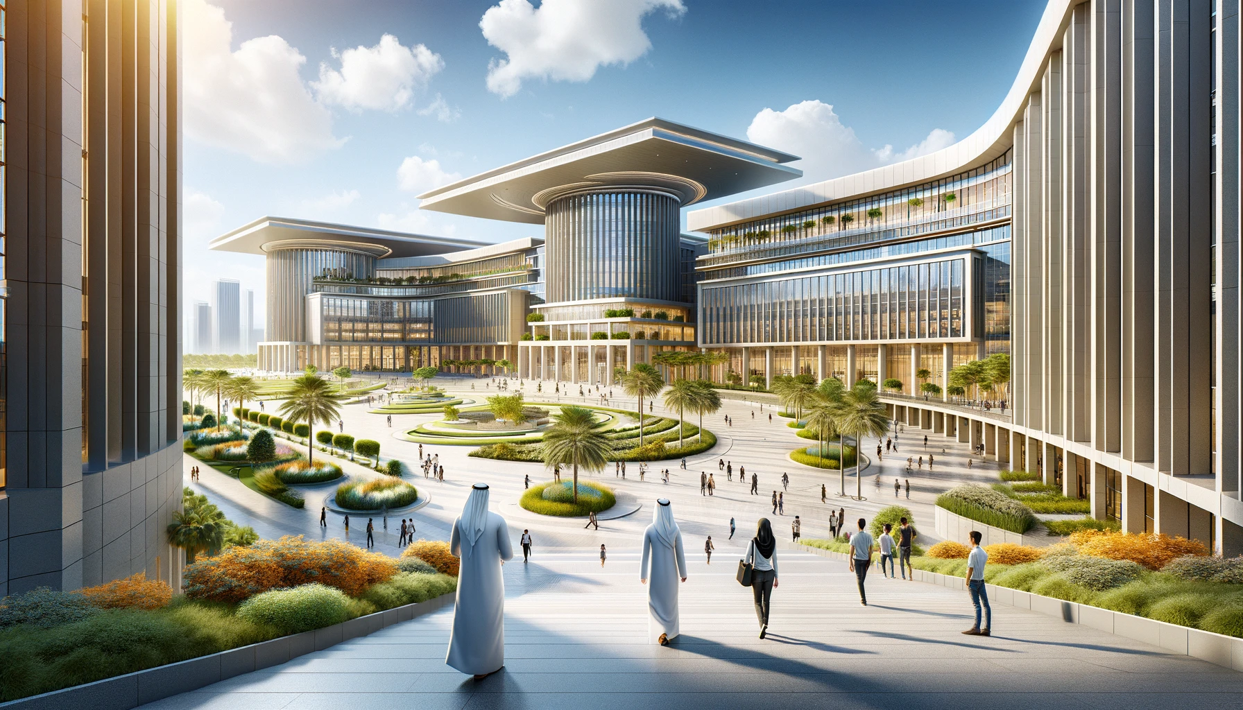 a prestigious university campus in the UAE, featuring modern architecture, lush landscaping, and students walking around.