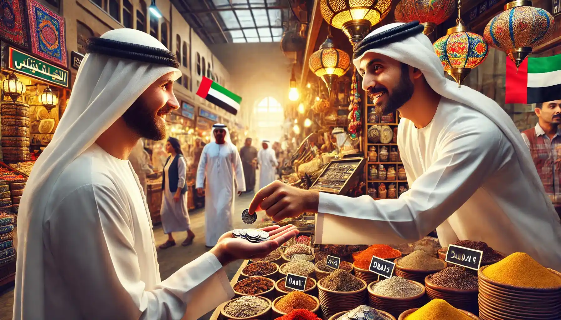 A vendor at the local bustling market is giving a man change in coins. 