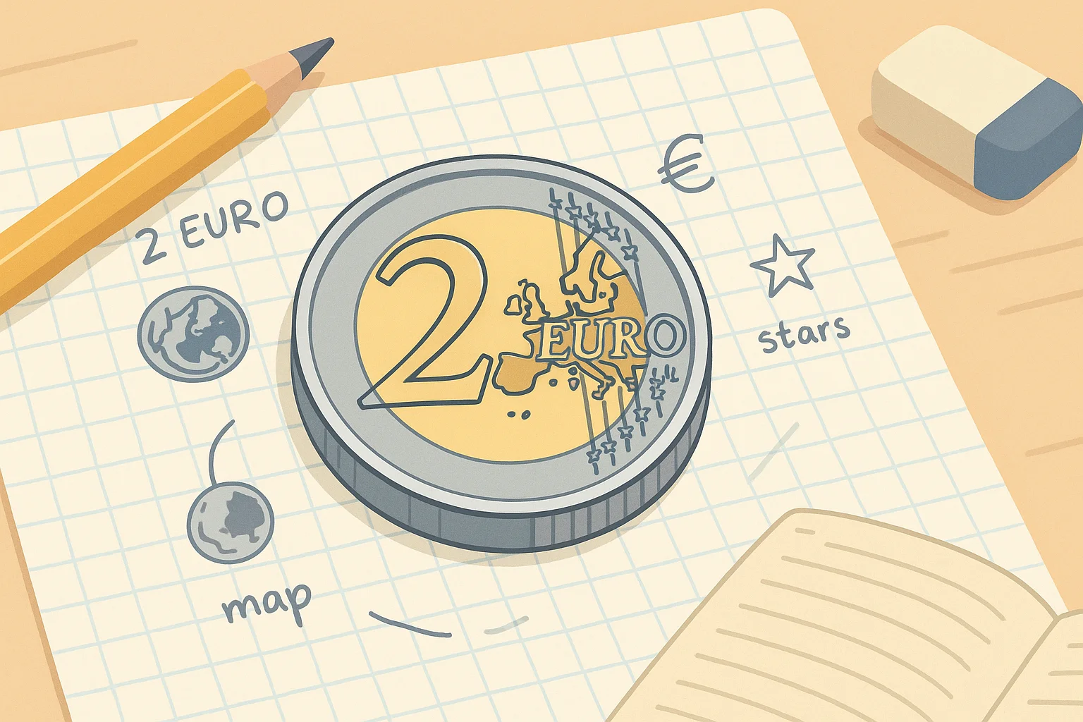A table with a notebook, pencil, and a 2 euro coin in the center.