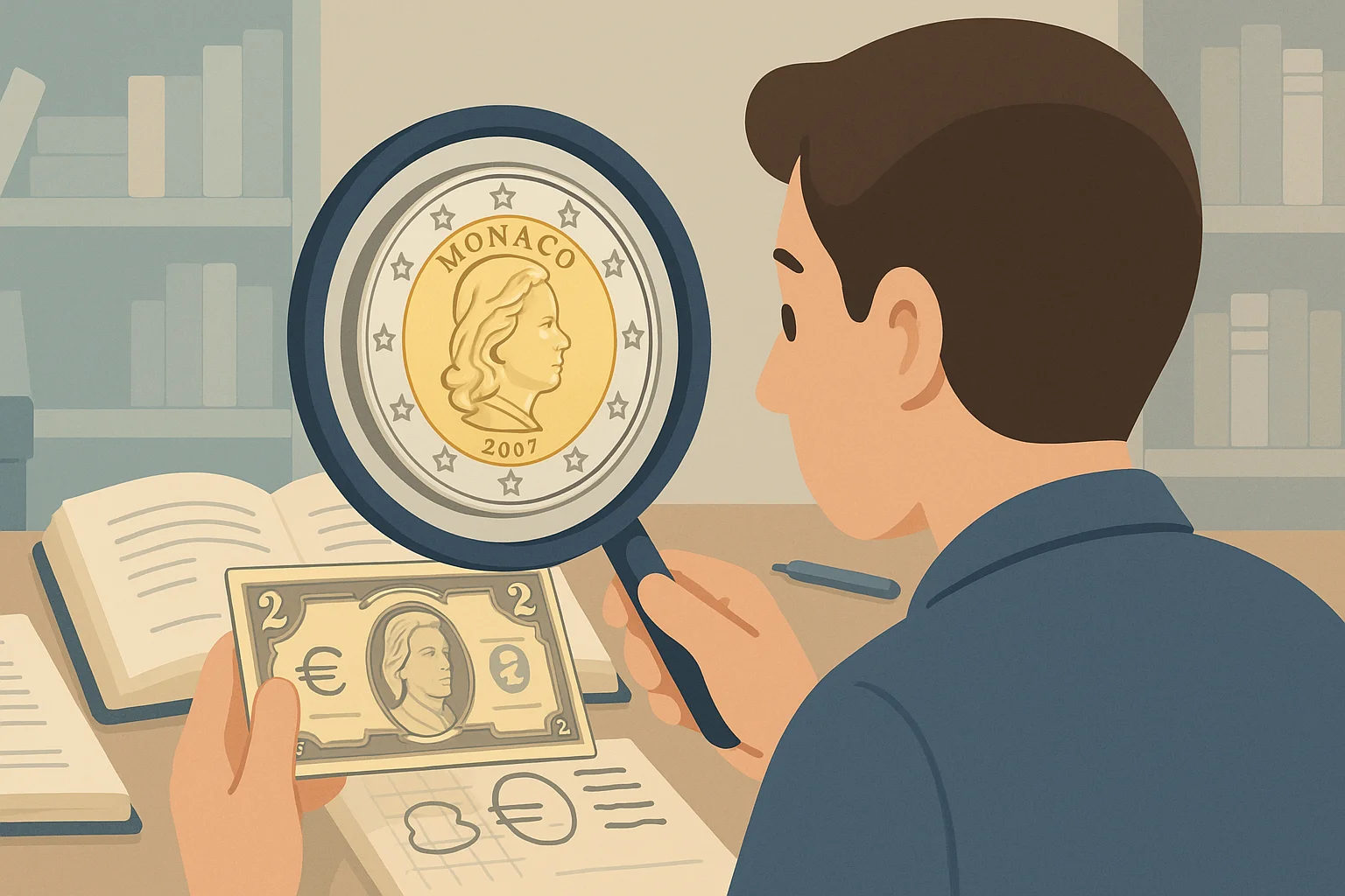 A numismatist observes a 2 euro coin from Monaco.