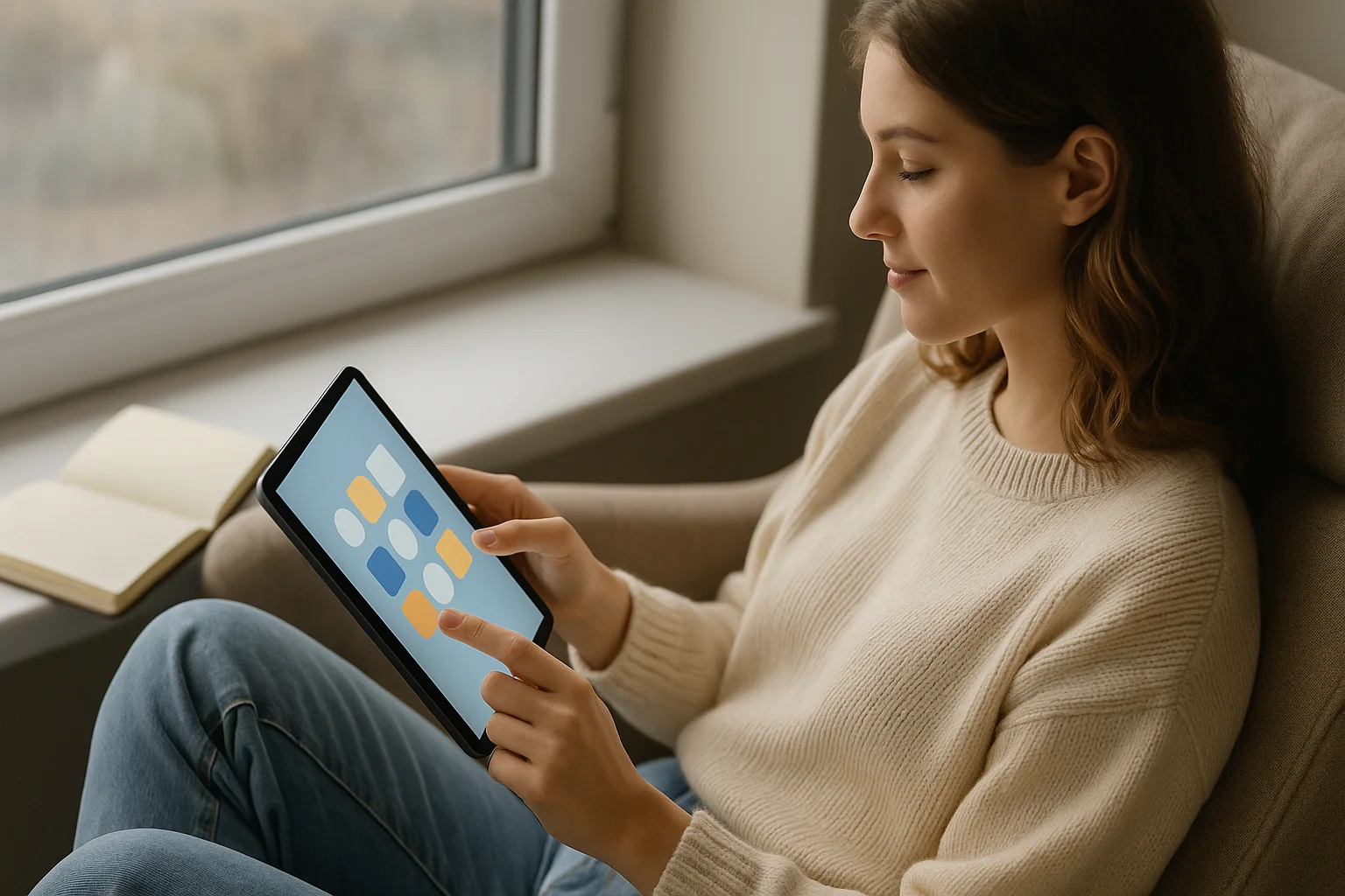 A young woman relaxes in an armchair by the window, casually playing a minimalist brain game on her tablet during a calm and focused smart break.